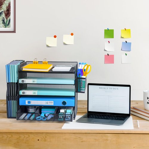 lemonsea Desk Organizers with File Holder, 5-Tier Paper Organizer Letter Tray with Sliding Drawers and Extra Pen Holder, Mesh Desktop File Organizer for School Office Supplies, Black.