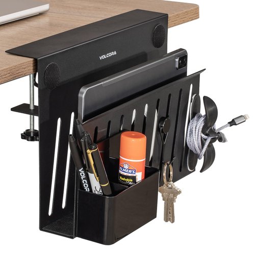 Volcora Side Storage, Under Desk Laptop Holder, No Drill Organizer with Magnetic Pen Box, Cable Clamp, Hanging Organizer, Laptop Mount File Holder for Office and Home, 1 Tier Black