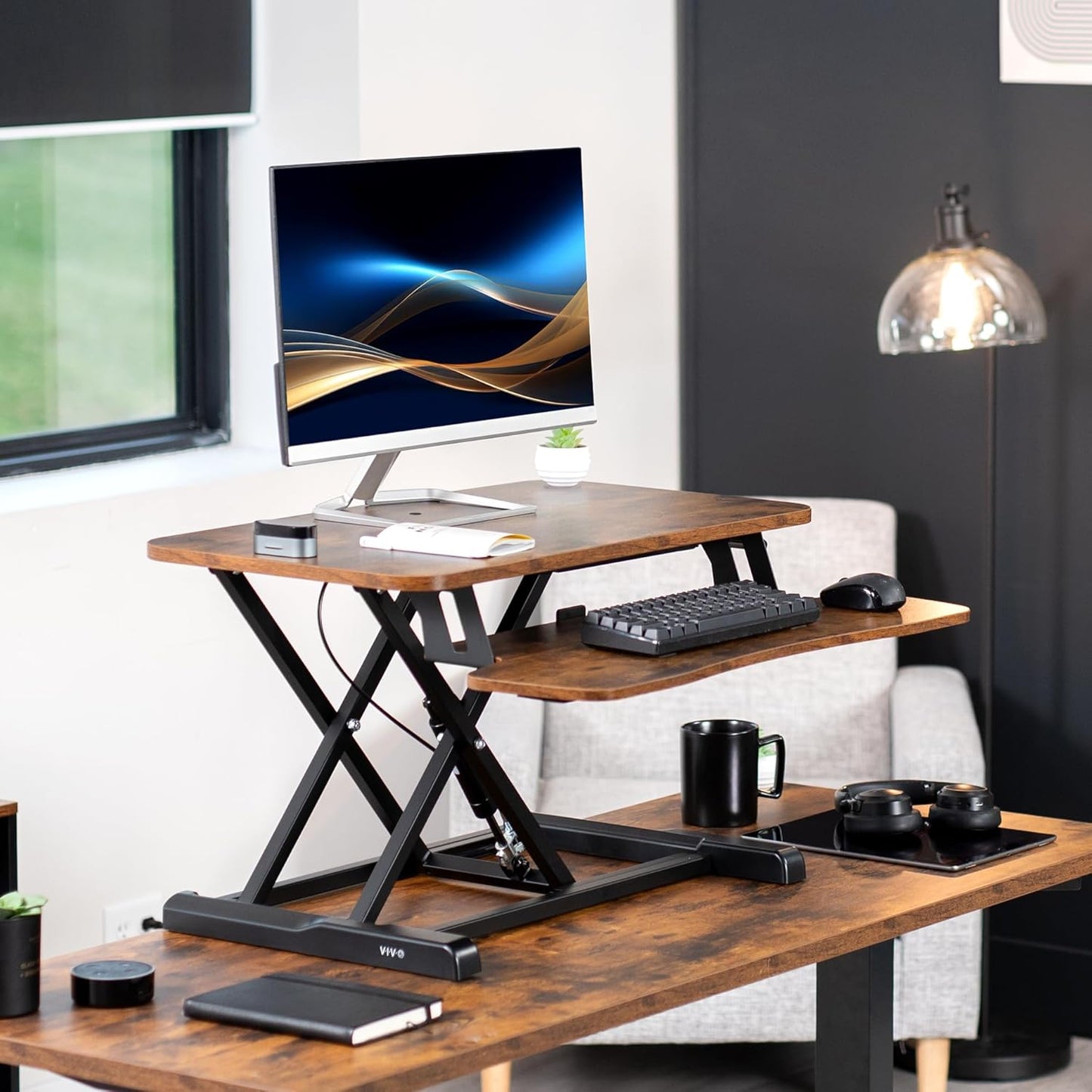 VIVO Height Adjustable Sit to Stand Desk Converter - 28 Inch Rustic Vintage Brown Top | Dual Monitor Workstation