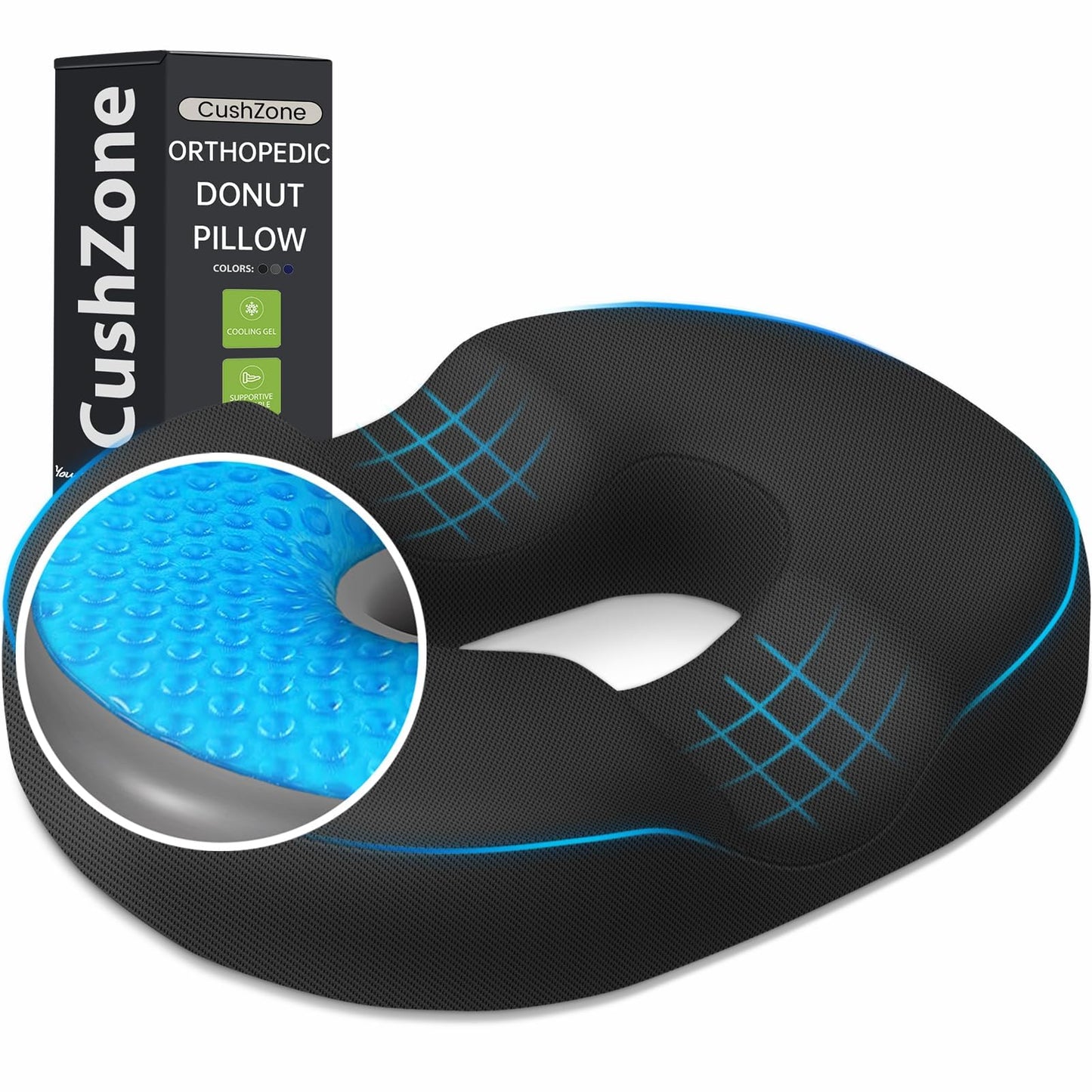 Donut Pillow Seat Cushion - Cooling Gel Donut Chair Cushions, Memory Foam Seat Cushion for Office & Home, Car Seat Cushion and Butt Pillow, Hemorrhoids Pillow and Tailbone Pain Relief, Black