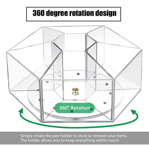 Zonon Acrylic Pen Holder Pencil Organizer 360 Degree Rotating Art Pencil Holder Organizer with 7 Compartments Acrylic Hexagon Pen Cup for Home Office Supplies(Clear)