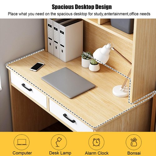 SUZEPER Wooden Computer Desk with Hutch, Writing Study Desk with Bookshelf and Drawers, Space Saving Home Office Desk with Storage Shelves for Small Space Workstation(31" L x 20" W x 71" H, A)