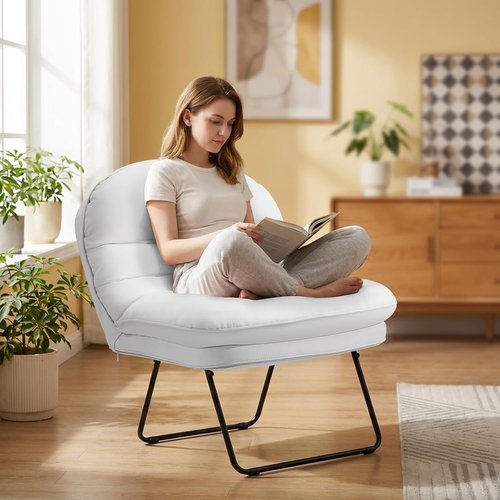 DUMOS Comfy Saucer Chair - PU Leather Foldable Floor Chair with Back Support | Stylish White for Small Spaces
