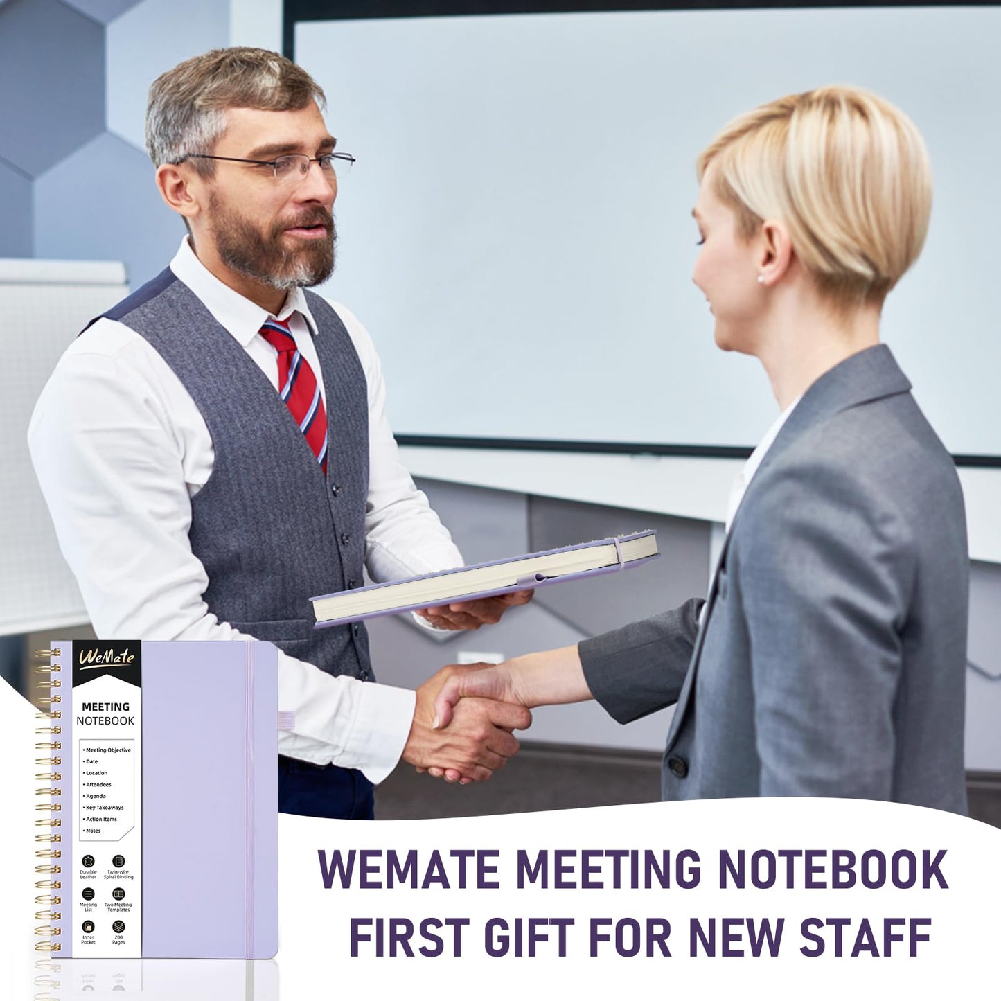 WEMATE Meeting Notebook for Work B5 (7"x10") - PU Leather Work Notebook with Agenda, Action Items & Notes - 200 Pages for Men&Women, Staff and Students, Meeting, Projects Planning - Light Purple