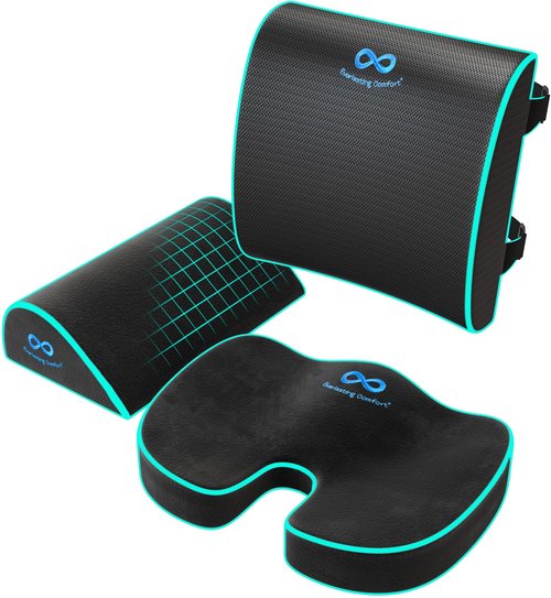 Everlasting Comfort Back Cushion with Seat & Foot Support Bundle - Memory Foam Office Chair Cushions for All-Day Comfort - Ideal for Work, Car, Desk