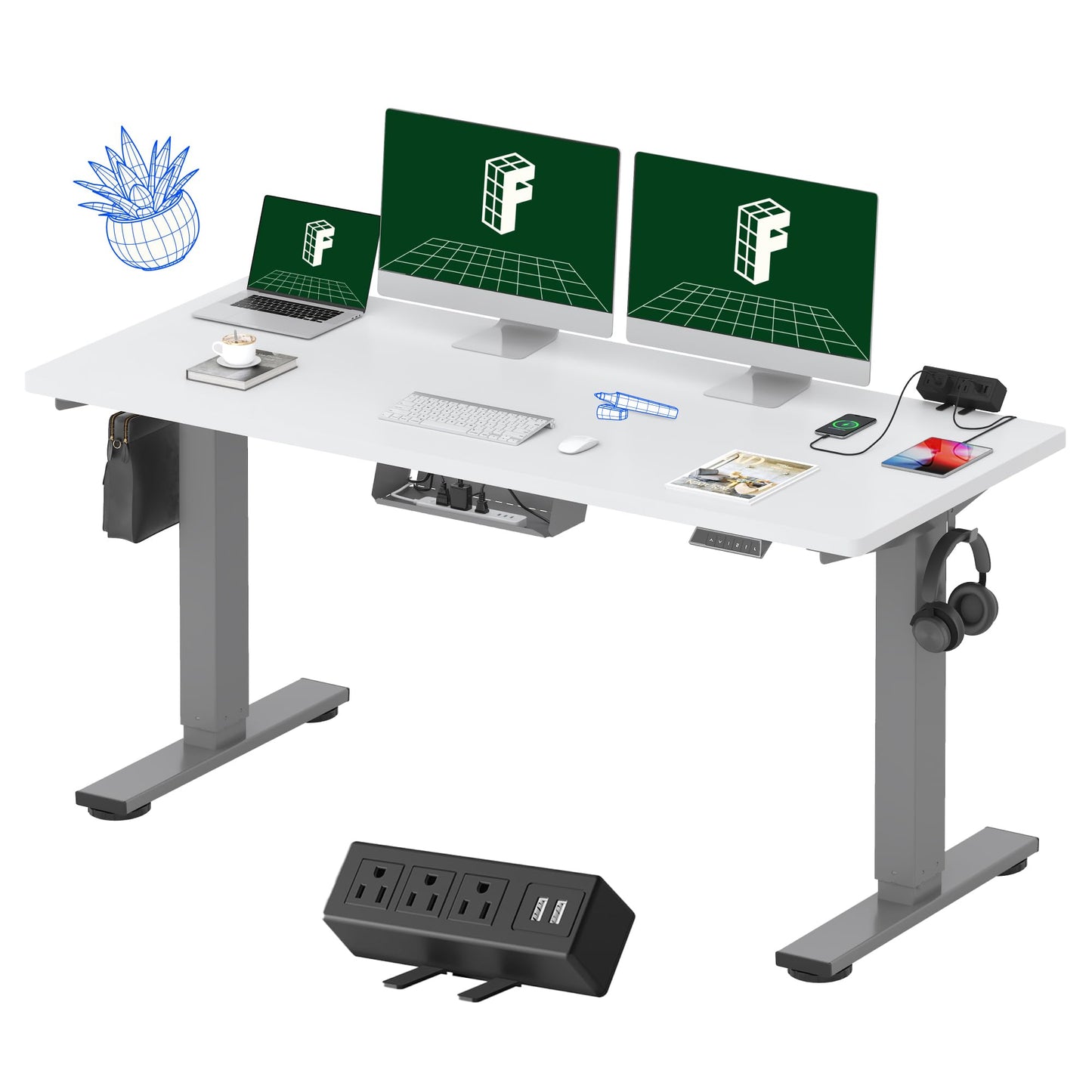 FLEXISPOT EN2 Whole-Piece Standing Desk with Clamp Power Strip, 60 x 24 Electric Stand Up Height Adjustable Desk with Cable Management (Gray Frame + 60" White Top, 2 Packages)