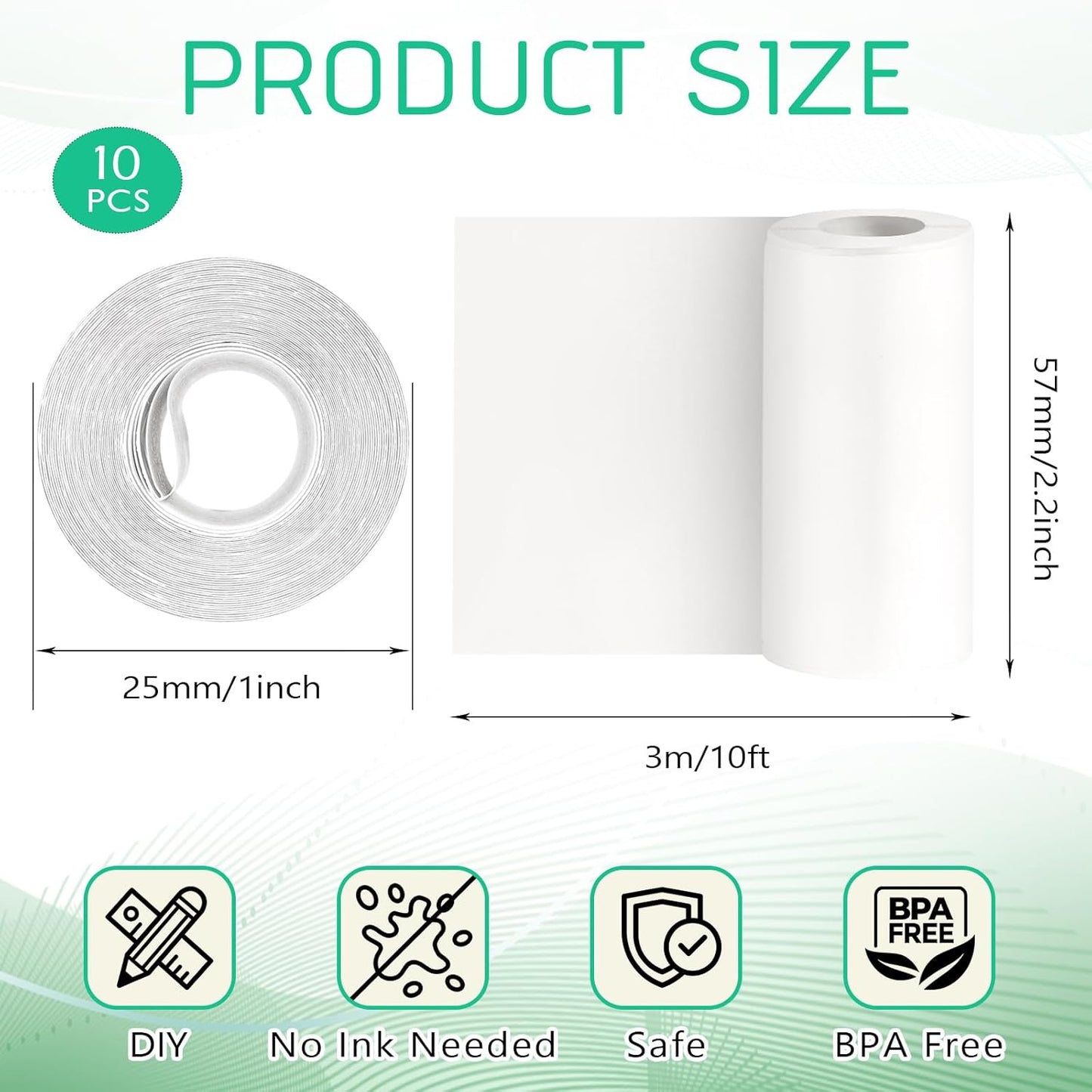 Skiennix Mini Thermal Printer Sticker Paper - 10 Rolls of 57x25mm Self-Adhesive Labels for Instant Cameras