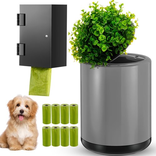Jingmore 2 Pcs Dog Poop Waste Trash Can with Lid and Bag Wall Mount Dispenser with 8 Rolls Doggie Storage Outdoor Plant Style Bin Container for Bedroom Decorative(Grey)