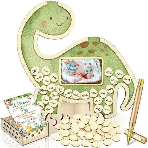 Wenqik 63 Pcs Baby Shower Guest Book Alternatives Set Baby Shower Decorations with Photo Frame Sonogram Frame Keepsake 60 Wood Slices Guest Book for Birthday(Dinosaur)