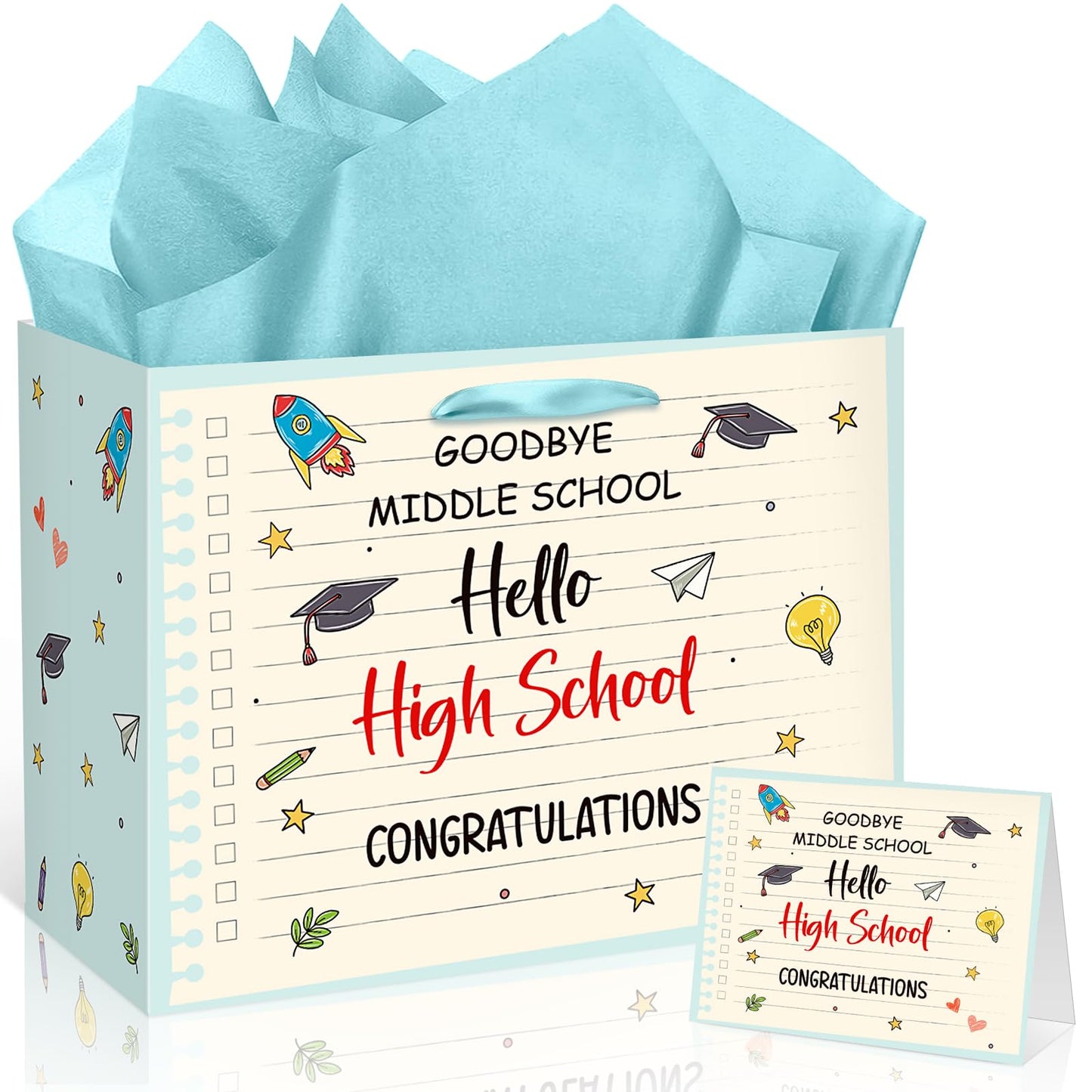 8th Grade Graduation Party Decorations Funny 8th Grade Graduation Gift Bag Hello High School Gift Bag with Wrapping Paper Card for Boys Girls Teenagers Graduate Goodbye Middle School Grad Supplies