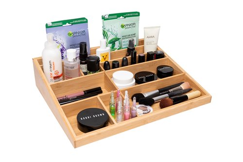 Theodore Bamboo Desktop Organizer – 10‑Compartment Natural Wood Storage Tray for Office, Home, Kitchen & Vanity – No Assembly, Water‑Resistant, Eco‑Friendly