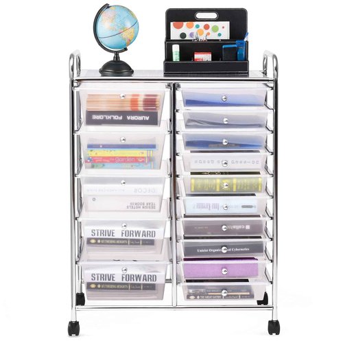 BETTARY 15 Drawer Rolling Cart, Tools Scrapbook Paper Organizer w/Removable Drawers & 4 Universal Wheels, Multipurpose Lightweight Cart for Supermarket, School, Office, Home Compact Space (Clear)
