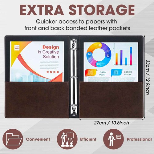Yexiya 4 Pcs Vintage Hardback 3 Ring Binder Planner Portfolio Leather Round Ring Binder Organizer Holds 200 Sheets with 2 Inner Pockets, 13 x 10 Inch(1 Inch,Brown)