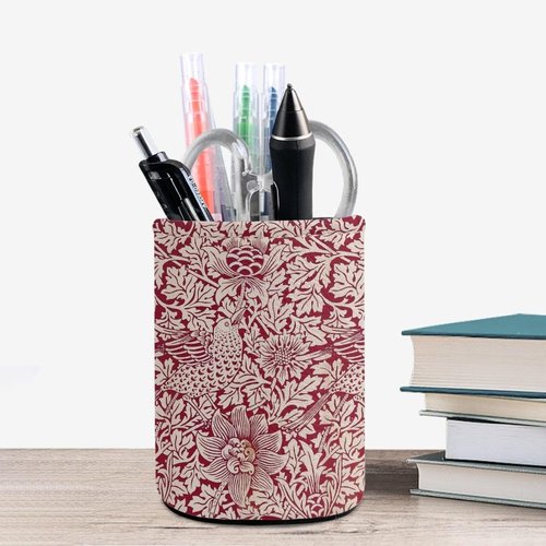 ZCFYGDX William Morris Flower Print Pen Holder Pencil Cup Container PU Leather Desk Organizer Stand Decor Makeup Brush Scissor Holder Decoration Office Desk Home Office Supplies Accessories