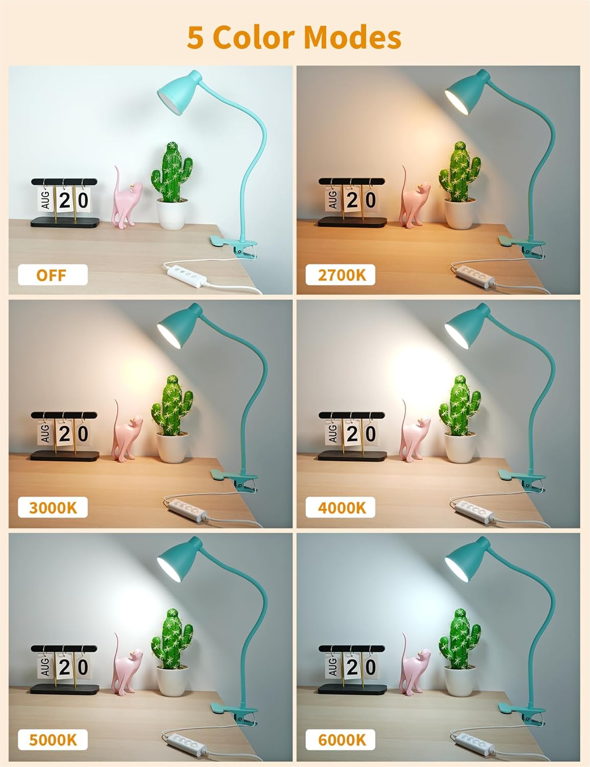 BOHON Desk Lamp - 10W LED Clip-On Light with 5 Colors & 10 Brightness Levels | Flexible Gooseneck, Teal