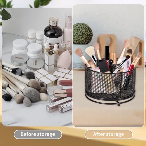 PNEUICALLY Pen Holder for Desk,360° Rotating Mesh Desk Organizer with Large Capacity 4 Compartments,Multi Functional Desk Accessories and Makeup Brush Holder for Office School Home (Black)