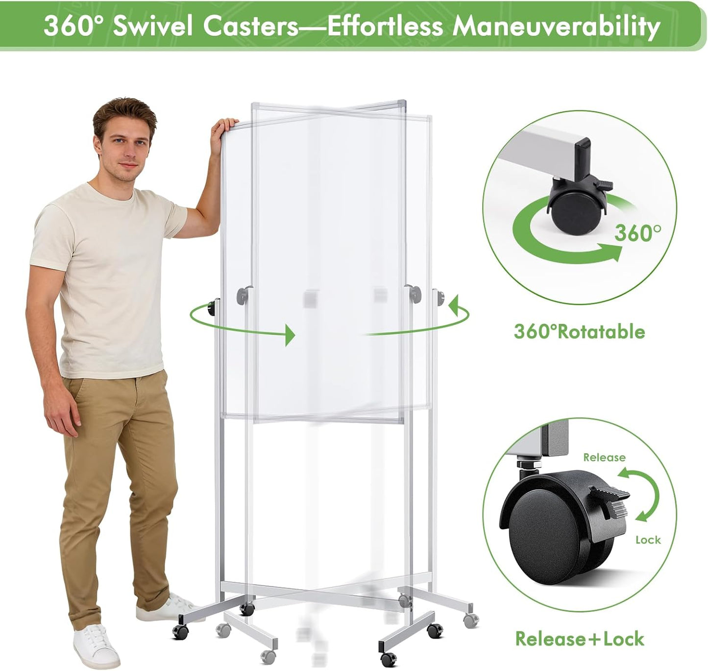 Skiennix Mobile Whiteboard - Double-Sided Magnetic Dry Erase Board on Wheels, 32x48 Inches