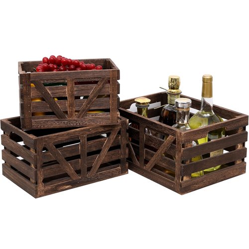 LYDWOO8D Storage Crate Decorative Wood Crates Wooden Storage Container,Wooden Boxes for Home Nested Crates with Handles,Farmhouse Wood Crates for Storage,Display,Brown Set of 3(Large,Medium,Small)