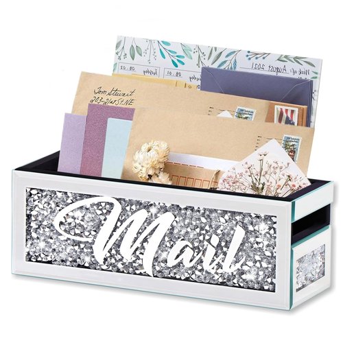 WALTSOM Crushed Diamond Mail Organizer, Crystal Mail Organizer Countertop, Mirror Letter Holder, Mail Tray, Mail Holder Box for Desk, Mail Holder for Wall