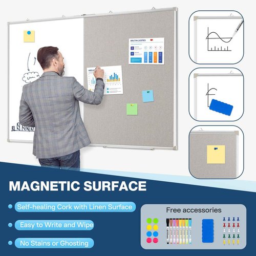 Large White Board Dry Erase Foldable Bulletin Board Combo, 48" x 36" Double Sided Dry Erase Board for Wall, Magnetic Whiteboard Bulletin Board with Linen for Office, Home, School, Kitchen -Gray