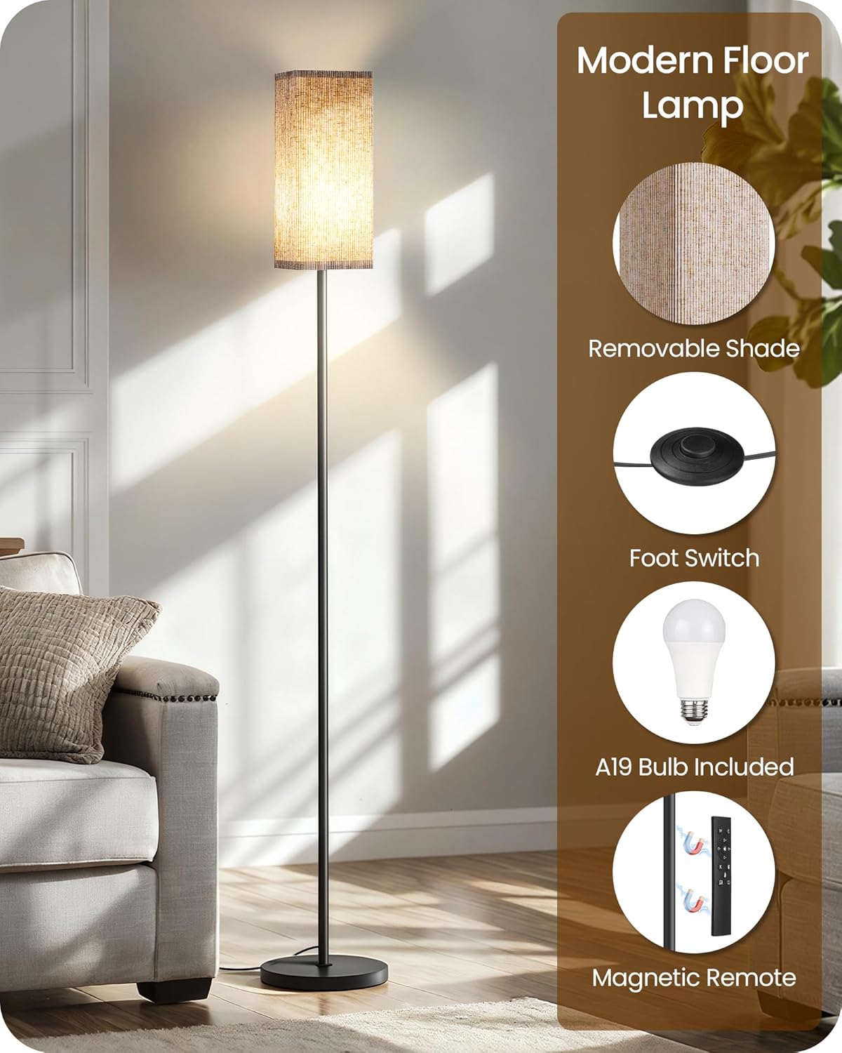 Skiennix Dimmable Floor Lamp - Modern Corner Lamp with Remote & Foot Switch | Beige & Black, 64.2” Tall