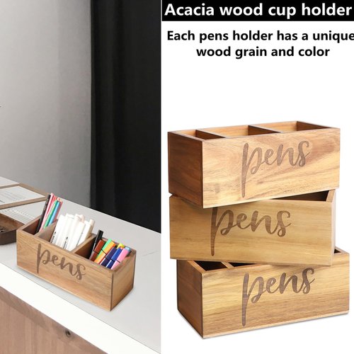 LBEMEY Acacia Wood Pen Holder, Desktop Pen Organizer,3 Compartment Pen and Pencil Holder, Desktop Organizer for Store Marker, Office Supplies, Makeup Brush, TV Remotes (Large)