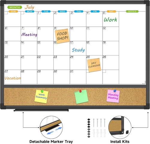 JILoffice Magnetic Calendar Whiteboard & Corkboard Combo - 24x18 Inch Black Aluminum Frame for Home, Office & School