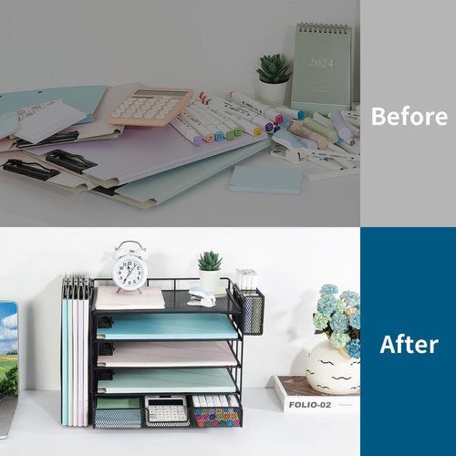 Youbetia Paper Tray Organizer with Mesh File Holder, 5 Tier Desk Accessories & Workspace Desk Organizers with Pen Holder, Office Desk Accessories Desktop Organization for Office Supplies (Black)