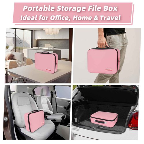 Fireproof Document Box Hard Case With Lock, Multi-Layer Fire Proof Water Resistant Safe Box File Organizer Bag With Small Money Bag for Important Documents Passport Certificates Laptop (Pink)