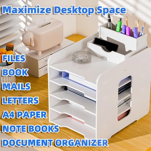 Soulrange 5-Tier Paper Organizer & File Holder for Desk Desktop - Heavy-Duty PVC Storage Rack with Detachable Pen Tray, Office Desk Organizer for Home Office School Classroom