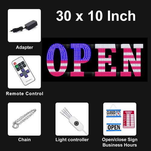 LemonNova 30'' x 10" LED Open Signs for Buisness, Remote Control and Adjustment Brightness & Speed - 14 Mode, Large Open Closed Sign for Bar Store Restaurant Office Hotel Salon USA Flag