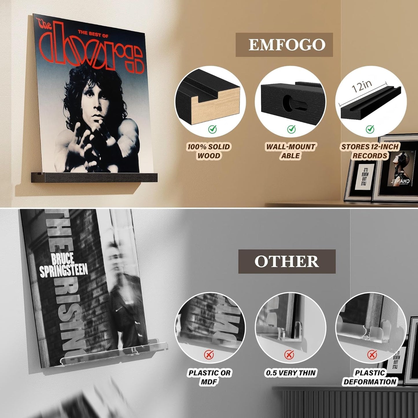 Emfogo Vinyl Record Shelf Wall Mount, 6 Pack Album Record Holder Wall, 12 inch Vinyl Record Storage Shelves Wall, Wood Record Display for Living Room(Black)