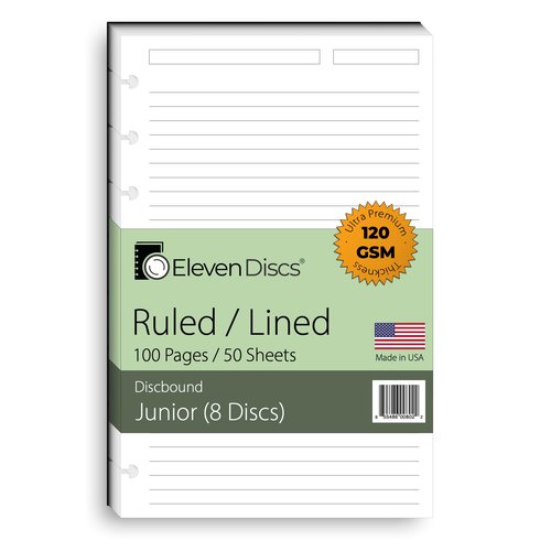 Eleven Discs Discbound Paper, Junior Size Ruled Sheets - Premium 120gsm Heavyweight Notebook & Planner Refills - 8 Discs, 5.5 x 8.5 in - Punched for Circa, Arc, TUL (50 Sheets)