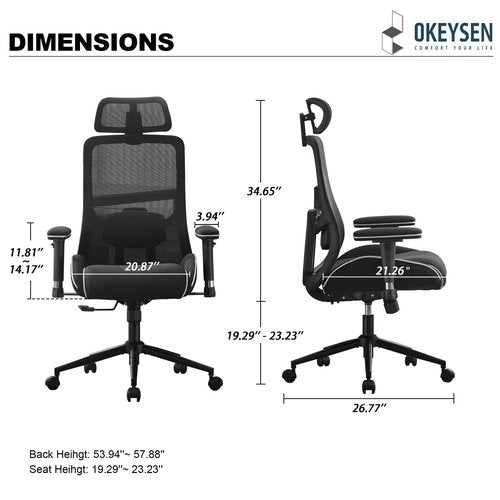 Okeysen Ergonomic Mesh Office Chair with 400 LBS Weight Capacity, High Back Reclining Desk Chair with 4.33'' Thick Padded Seat, Adjustable 3D Armrests and Headrest for Home Office