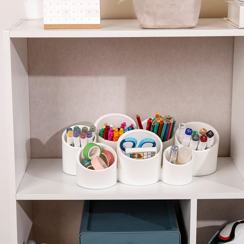 Yesesion Aesthetic Pencil Holder for Desk, Large Decorative Adhesive Wall-Mounted Pen Organizer with 7 Compartments, Round Marker Case Stand for School Supplies, Office, Home, Art, Stationery (White)