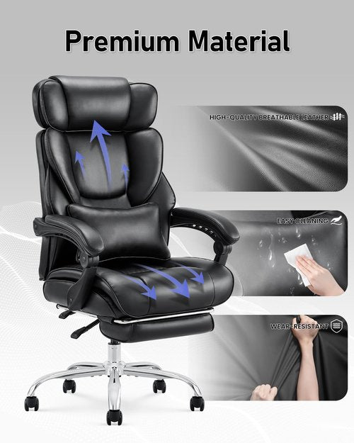Ergonomic Office Chair with Footrest, High Back Executive Desk Chair with Adjustable Recline, Removable Lumbar Support, Thick Padded Seat, Bonded Leather Computer Chair for Home Office, Black