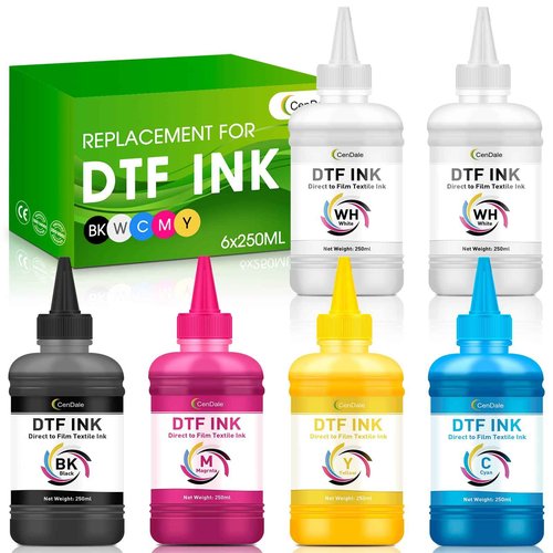 CenDale Premium DTF Ink 1500ML - DTF Transfer Ink for PET Film, Refill DTF Ink for Epson ET-8550, L1800, L800, R2400, P400, P800, XP15000, Heat Transfer Printing Direct to Film (250ml x 6, CMYK Wh)