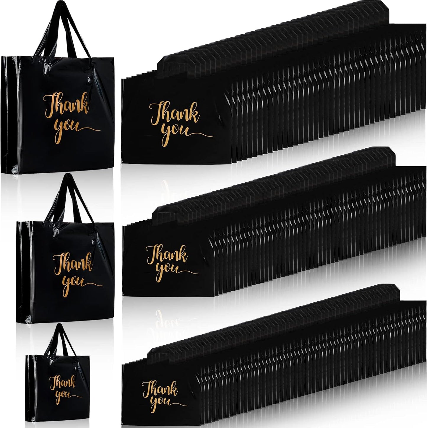 Teling Thank You Merchandise Bags - 200 Pcs Bulk with Handles | 3 Sizes: 9x12'', 12x15'', 15x18'' (Black)