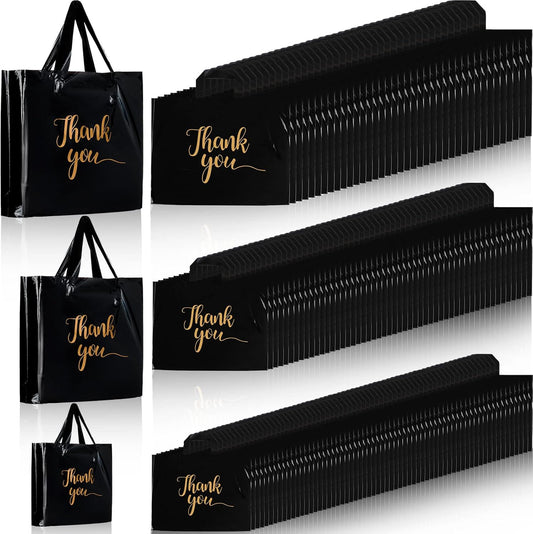 Teling Thank You Merchandise Bags - 200 Pcs Bulk with Handles | 3 Sizes: 9x12'', 12x15'', 15x18'' (Black)