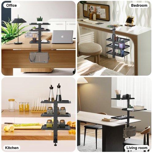 ONDAIUN 3 Tier Clamp On Desk Shelf - Over Or Under Table Clamp,with Adjustable Metal Storage Tray Headphone Stand with No Drill Installation, for Home Office, Gaming Devices,Storage Tray,and More