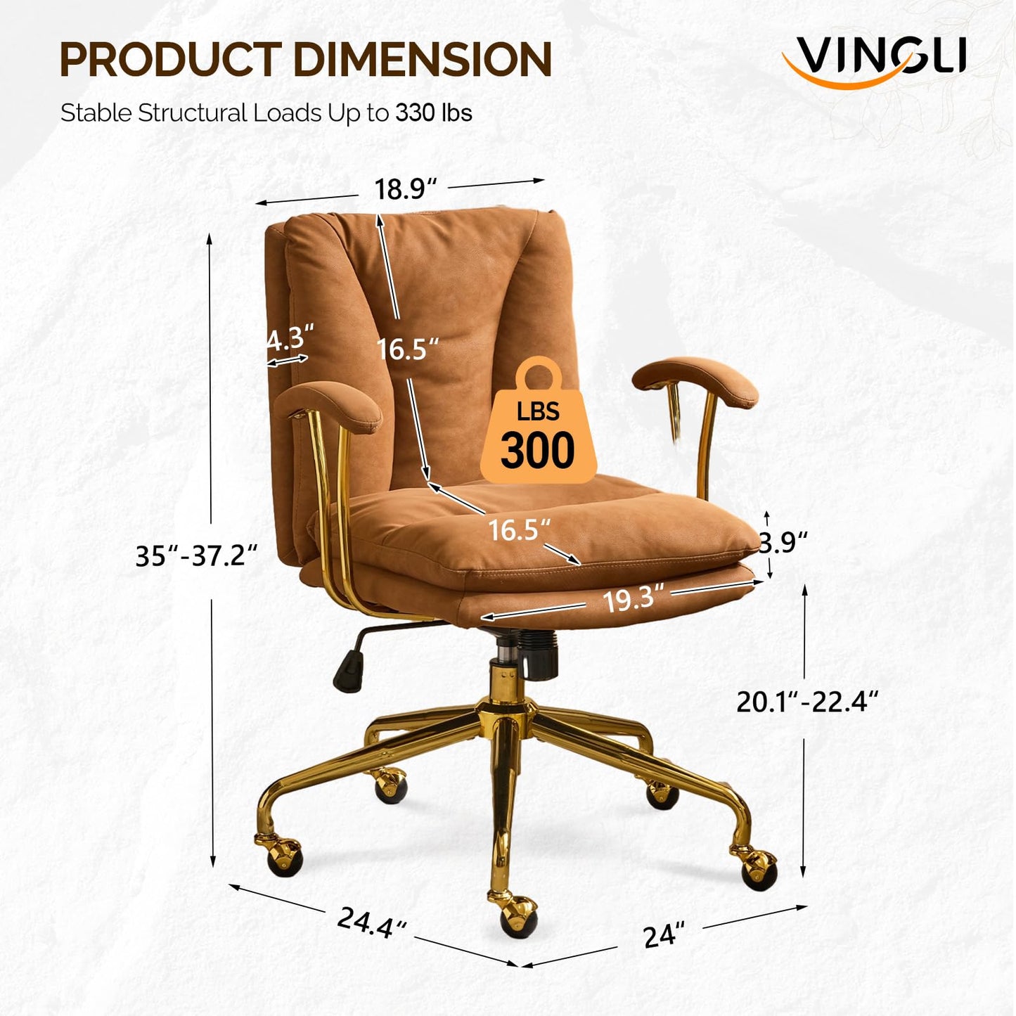 VINGLI Home Office Desk Chair Comfy with wheels&Removable Armrests,Gold Base Vanity Chair with Back,Adjustable Rolling Swivel Computer Task Chair for Study,Makeup,Office,Bedroom,Microfiber/Suede,Brown