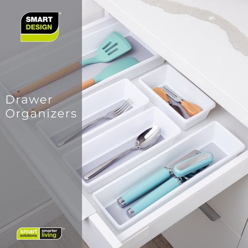 Smart Design Plastic Drawer Organizer - Set of 6-6.75 x 3.75 Inch – Non-Slip Lining and Feet - BPA Free – Utensils, Flatware, Office, Personal Care, or Makeup Storage - Kitchen - White with Gray