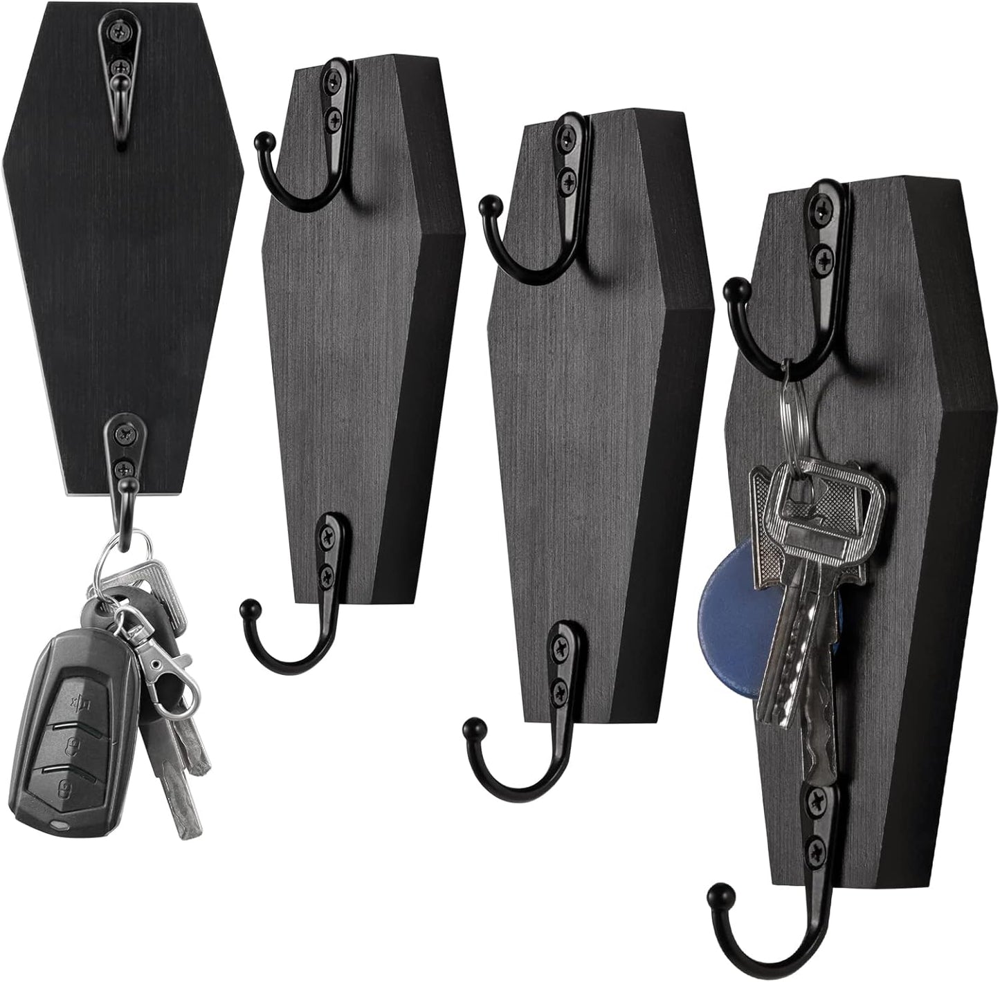 Skiennix Coffin Wall Hook Set - Spooky Gothic Home Decor - Rustic Black Wooden Key Hangers | 4 Pieces