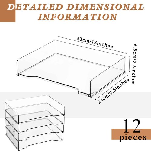 DoubleFill 12 Pcs Stackable Letter Tray Rectangular Plastic Desk Organizer 13 x 9.5 x 2.6 in Paper Holder File Tray Accessories Rack for Desktop Office Desk Drawers (Clear)