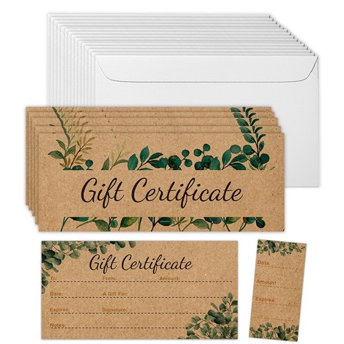50 Sets Gift Certificates for Business, Blank Kraft Gift Cards Certificates with Envelopes for Salon Restaurants Spa Marriage Birthday Client Christmas Vouchers - Retro Leaf