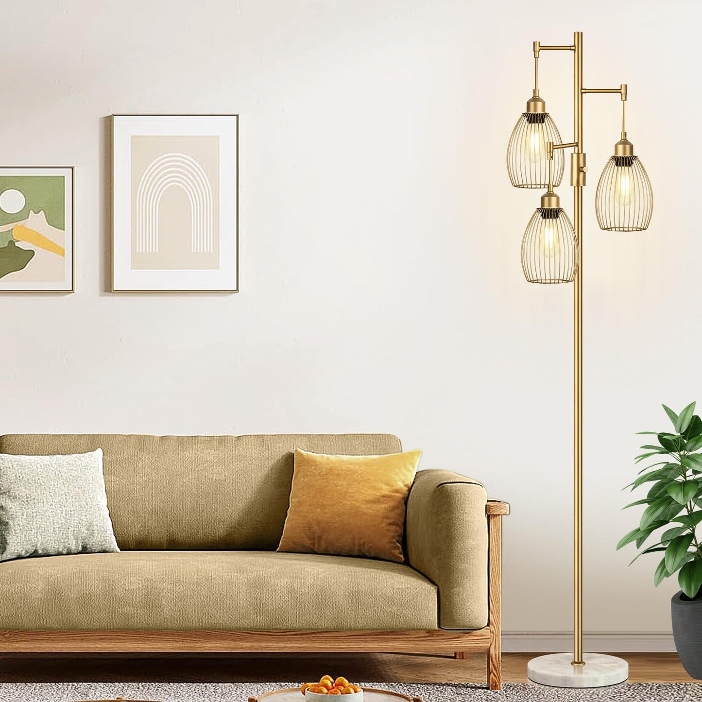 Torondo Dimmable Floor Lamps for Living Room, Industrial Standing Lamp with Marble Base, Gold Tree Tall Pole Light with 3 Elegant Teardrop Cage Head & 800 Lumens LED Bulbs for Bedroom Office