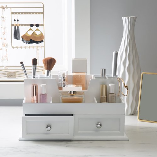 Organize It All Accessory Organizer | Dimensions: 13.8"x 7.3"x 7.1" | Holds Cosmetics | Office Supplies | Tech Accessories | Home Organization | Durable | Has 2 Drawers | 12 Compartments | White