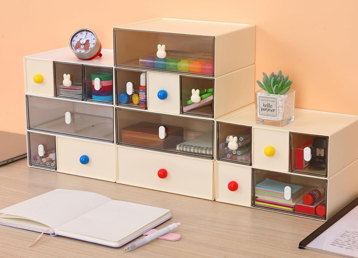 Skiennix Desktop Storage Drawers - Modular Stackable Organizer with 6 Drawers | Cream & Clear Finish