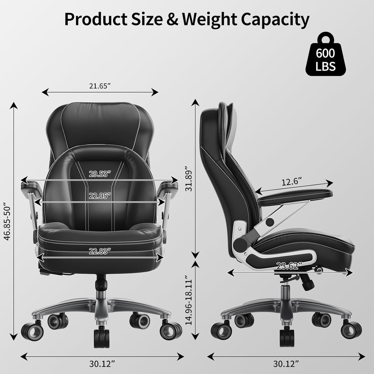 CoziCradle Big and Tall Office Chair, 600lbs Heavy Duty Desk Chair with 5D Arms, Adjustable Lumbar Support & Height, Tilt Function, PU Leather High Back Ergonomic Executive Computer Chair