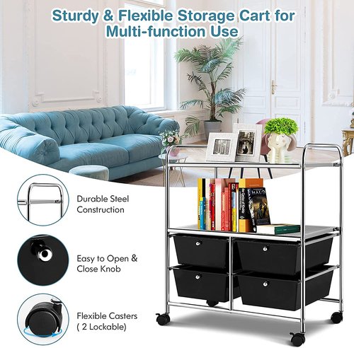 Hysache Rolling Storage Cart, Utility Organizer Cart w/ 4 Drawer 2 Shelves Trolley, Metal Frame, Plastic Storage Drawers on Wheels for School Office Home, Multifunction Organizer (Black)